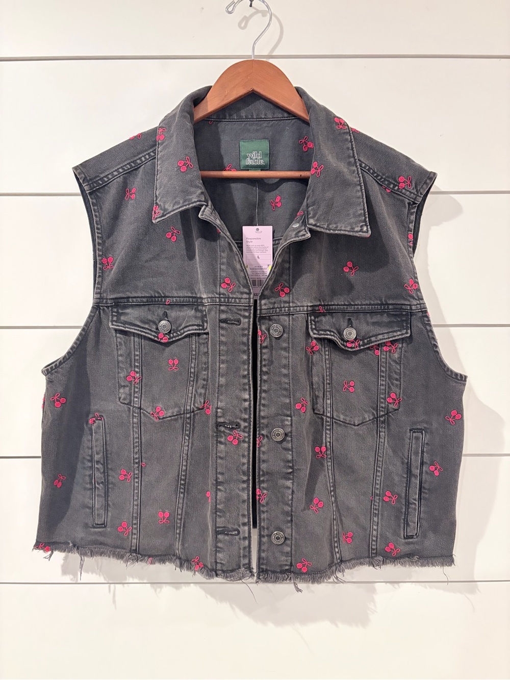Wild Fable Cherry Embroidered Black Denim Vest L Y2K Coquette